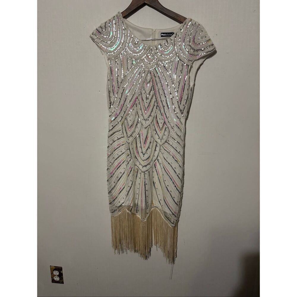 Pretty Guide Women's Size Small Beige Crystal Embellished Party Dress Fringe